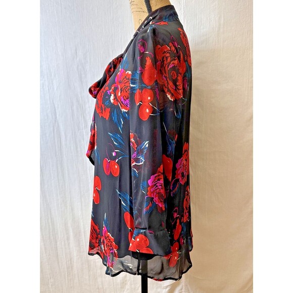 DKNY Black Red Floral Neck Bow Tie 3/4 Sleeve Semi-Sheer Blouse w/Camisole Sz M - Picture 3 of 16